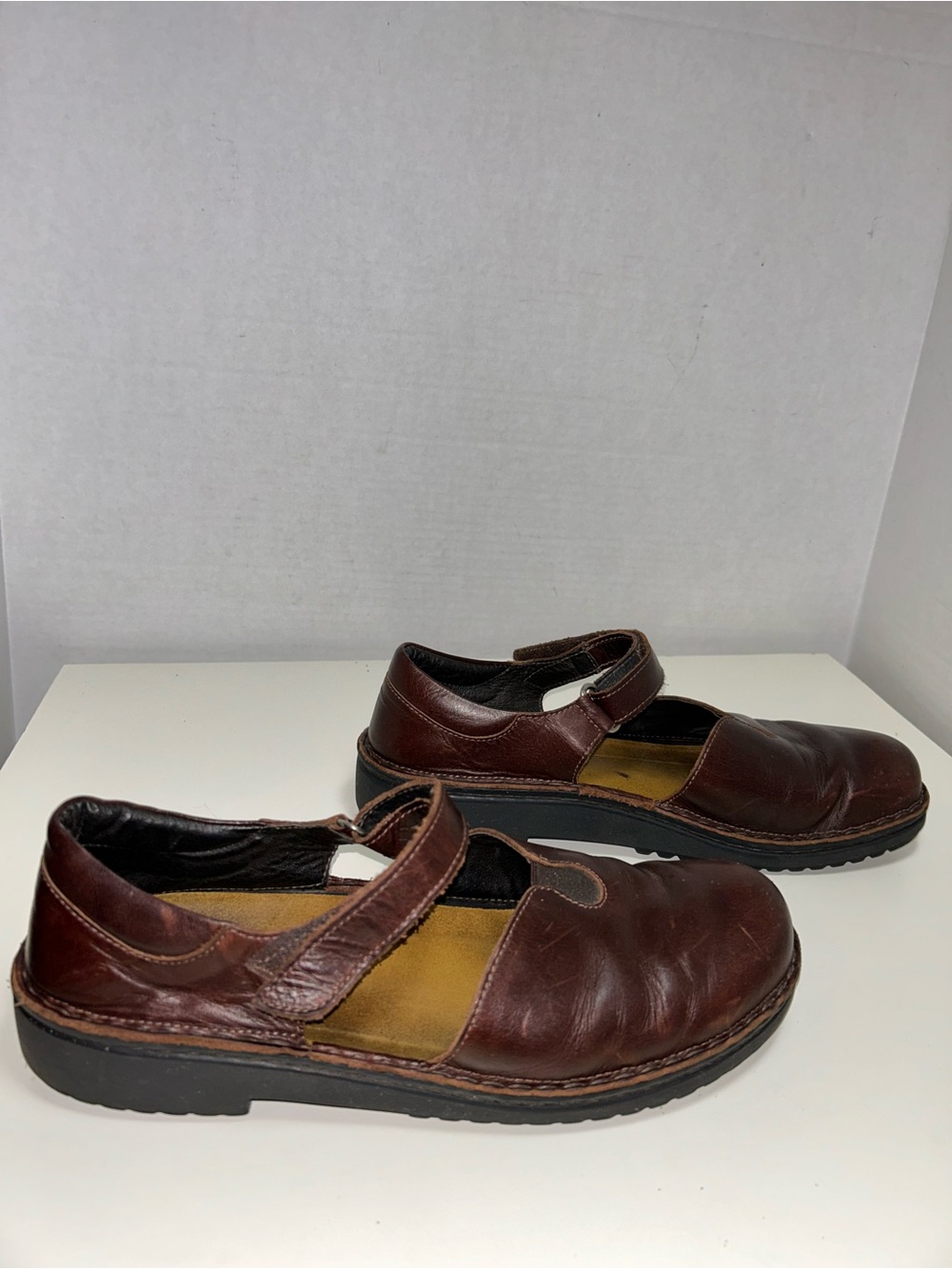 Naot Brown Leather Mary Jane Hook & Loop Comfort Flats